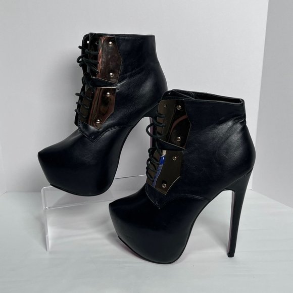 Cleopatra Magda 6 inch Heel Platform‎ Booties Sz 7 Black Lace up Gold Plate - Picture 3 of 14
